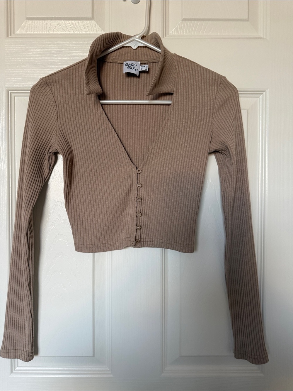 Princess Polly Taupe Ribbed Cropped Button-Front Long Sleeve Top